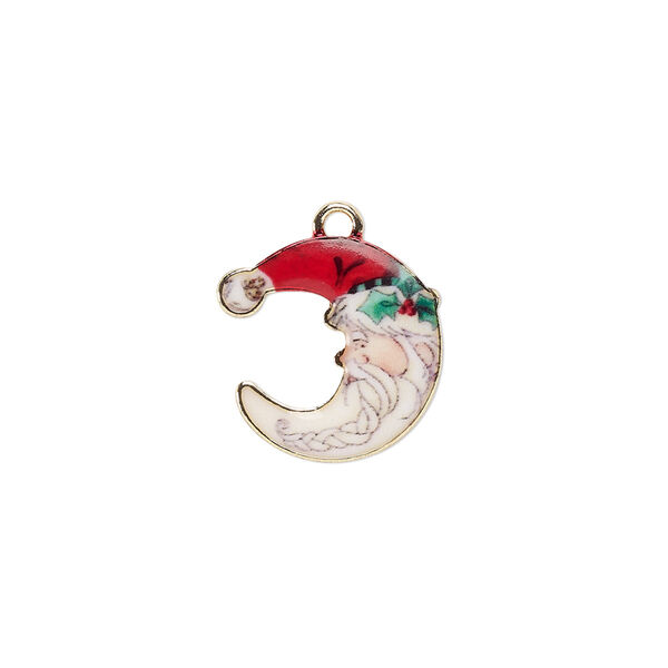 Charm, gold-finished "pewter" (zinc-based alloy) and resin, multicolored, 15mm single-sided moon with Santa design. Sold individually. image number 0