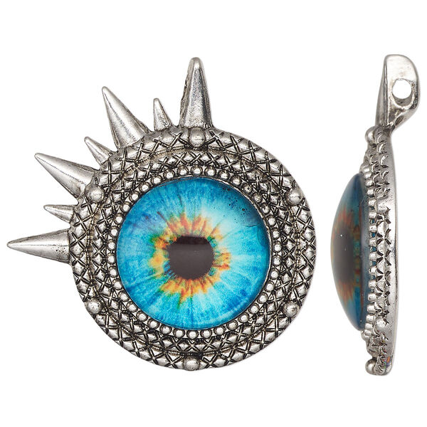 Focal, antique silver-finished "pewter" (zinc-based alloy) and glass, silver / blue / orange, 40mm round single-sided round dragon eye. Sold individually. image number 0