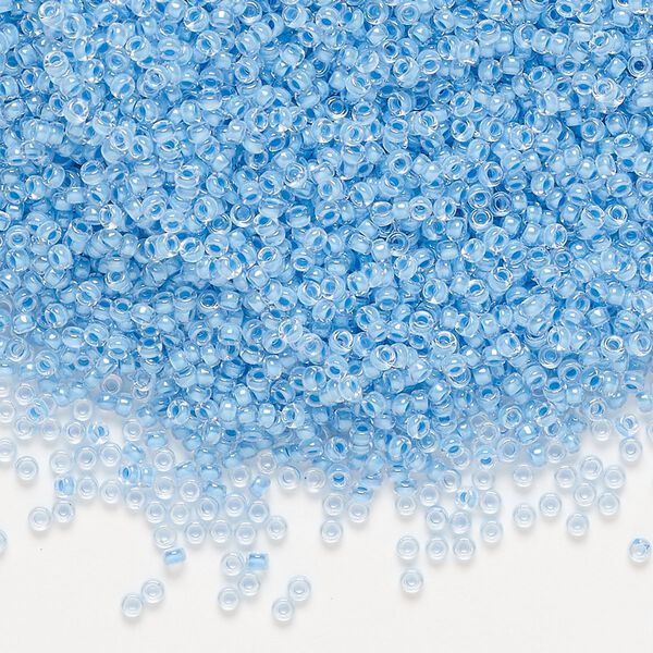 Seed bead, Miyuki, glass, pkg/35g, #15 rocaille, translucent sky blue-lined luster crystal clear (RR-221). image number 0