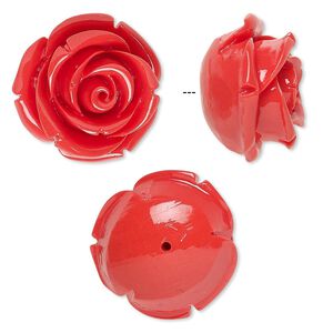 Bead, resin, red, 19x19mm half-drilled rose. Sold per pkg of 2.