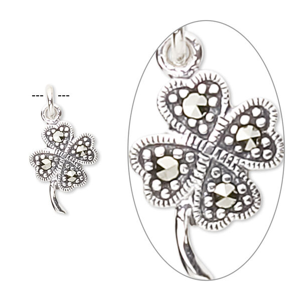 Charm, marcasite (natural) and sterling silver, 14x10mm 4-leaf clover. Sold individually. image number 0