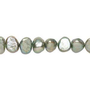 Pearl, cultured freshwater (dyed), olivine green, 6-7mm flat-sided potato, D grade, Mohs hardness 2-1/2 to 4. Sold per 15-inch strand.