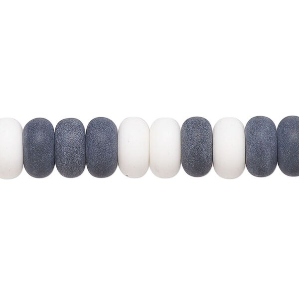 Bead, porcelain, opaque matte black and white, 8.5x4.5mm rondelle. Sold per 15-1/2" to 16" strand, approximately 80 to 95 beads. image number 0