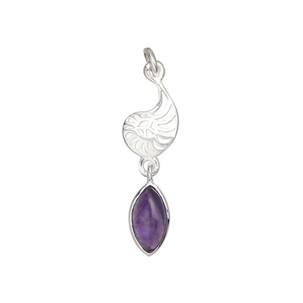 Amethyst / sterling silver 1pkg1, nautilus drop natural antiqued 26x8mm image number 0