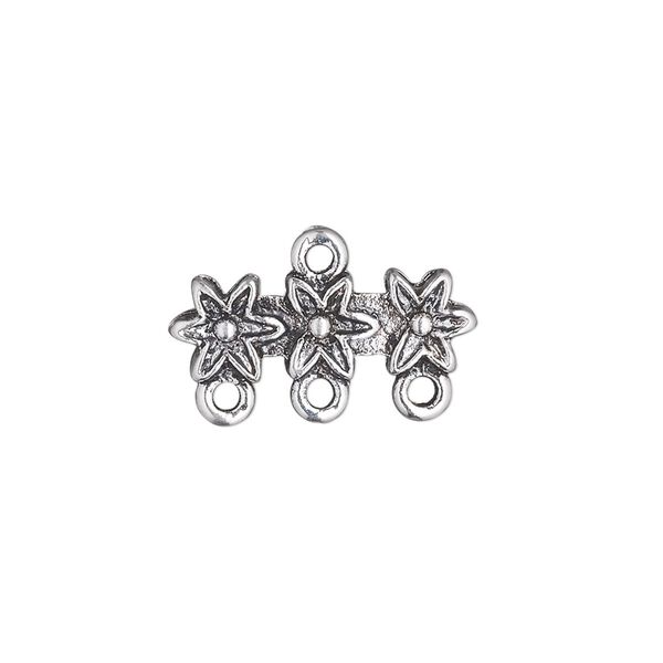 End bar, antique silver-plated "pewter" (zinc-based alloy), 20x7mm double-sided 3-flower with 3 loops. Sold per pkg of 10. image number 0