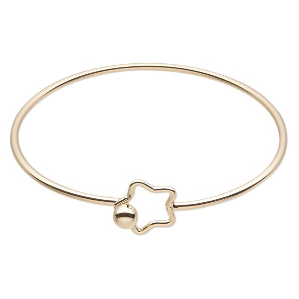 Bracelet, bangle, gold-finished brass, 2mm wide, 7-1/2 inches with 16mm open star and hook closure. Sold individually. image number 0