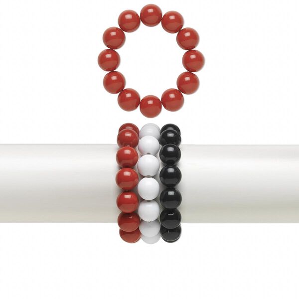 Bracelet, stretch, resin and acrylic, opaque red / white / black, 14mm round, 6 inches. Sold per pkg of 3. image number 0