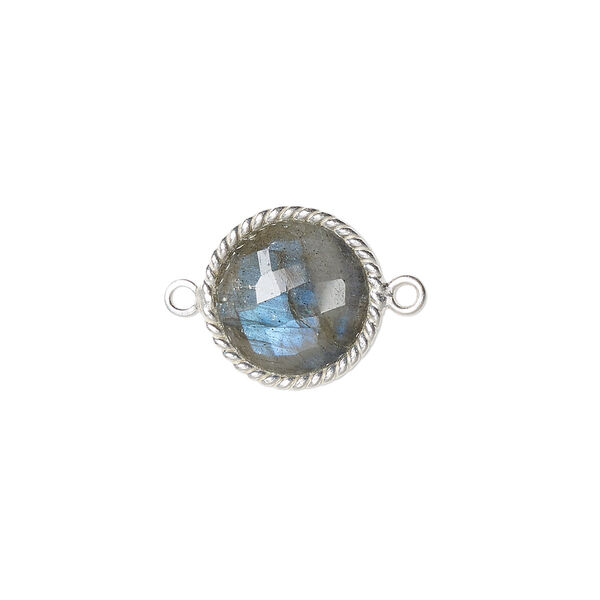 Link, labradorite (natural) and sterling silver, 14-16mm hand-cut double-sided faceted round with twisted wire design. Sold individually. image number 0