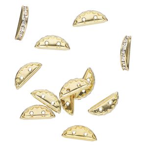 Spacer, gold-finished brass and glass, clear, 24x4mm half round, fits up to 5mm beads. Sold per pkg of 12.