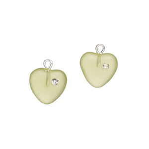 Drop 1pkg2, silver-plated brass / glass / cubic zirconia, translucent green and clear, 11mm frosted heart.