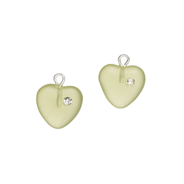 Drop 1pkg2, silver-plated brass / glass / cubic zirconia, translucent green and clear, 11mm frosted heart. image number 0