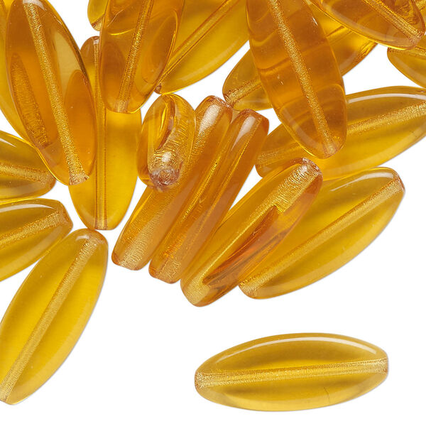 Bead, pressed glass, translucent topaz yellow, 20x7mm-20x9mm flat marquise. Sold per 2-ounce pkg, approximately 55 beads. image number 0