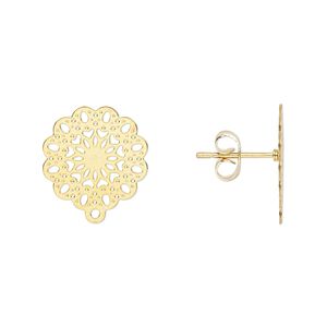 Earstud Lazer Lace™ 1pkg8, 14.5mm filigree mandala / closed loop / earnuts, gold-finished stainless steel 4 pair