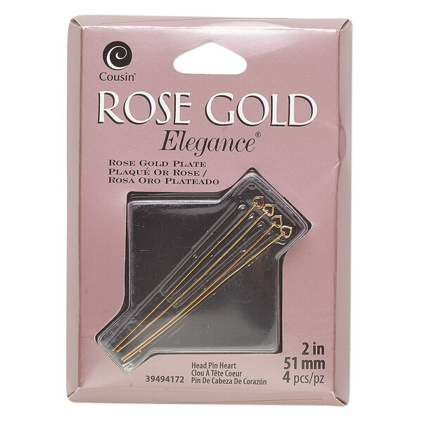 Head pin, rose gold-plated copper and lacquer, 2 inches with 3.5x3mm heart, 23-gauge. Sold per pkg of 4. image number 0