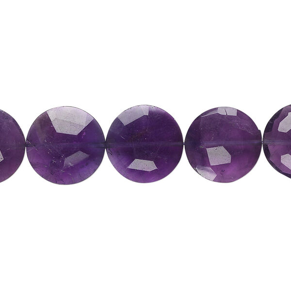 Bead, amethyst (natural), dark, 12mm hand-cut faceted flat round, B+ grade, Mohs hardness 7. Sold per pkg of 5. image number 0