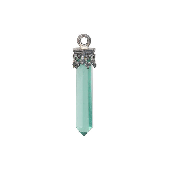 Drop, aqua aura "quartz" glass and sterling silver, 20x3mm-26x4mm point. Sold individually. image number 0