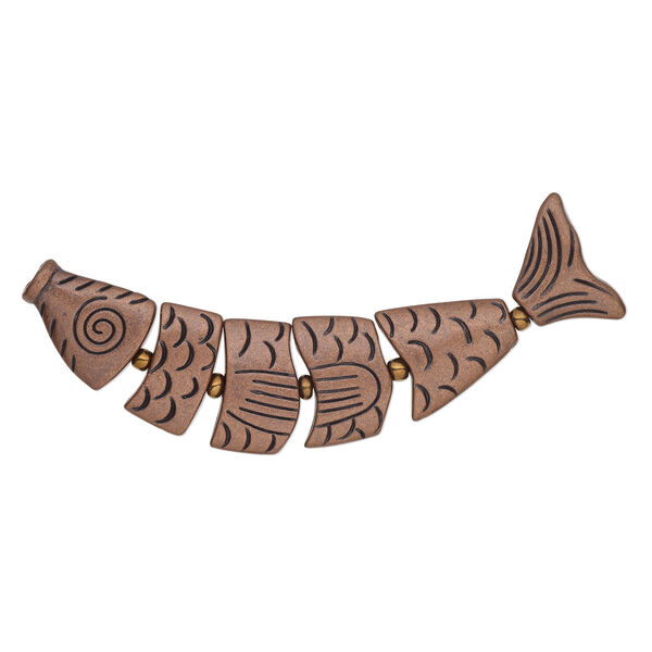 Bead, antique copper-plated "pewter" (zinc-based alloy), 76x19mm double-sided fish. Sold per 6-piece set. image number 0