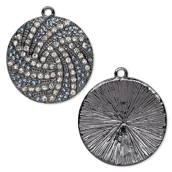 Focal, glass rhinestone and gunmetal-finished "pewter" (zinc-based alloy), clear and blue, 36mm round with burst design. Sold individually. image number 0