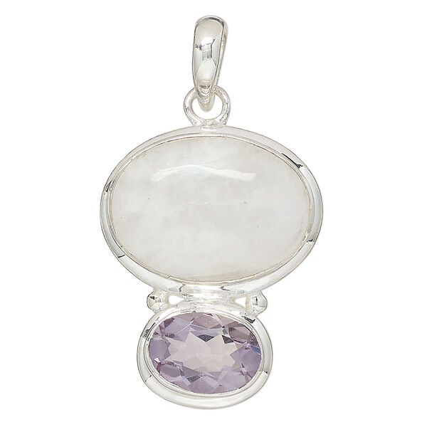 Pendant, lavender amethyst / rainbow moonstone (natural) / sterling silver, 35x28mm oval. Sold individually. image number 0