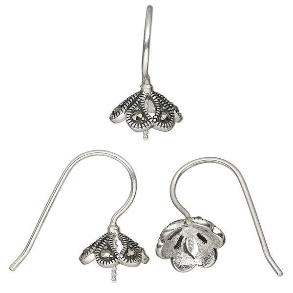Ear wire, marcasite (natural) and antiqued sterling silver, 19mm fishhook with paisley and 0.8mm twisted peg, fits 8-10mm half-drilled bead, 18 gauge. Sold per pair. image number 0
