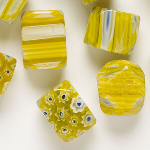Bead, millefiori glass 1pkg2oz, translucent yellow and multicolored, 16x10mm-18x13mm 4-sided rectangle.
