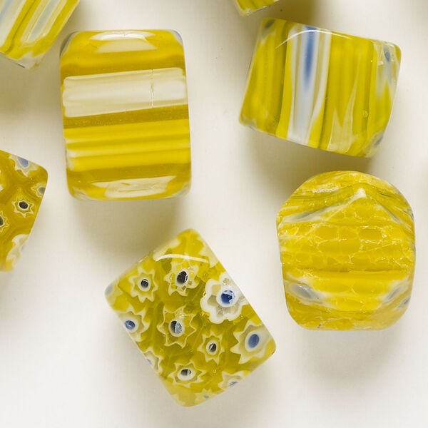 Bead, millefiori glass 1pkg2oz, translucent yellow and multicolored, 16x10mm-18x13mm 4-sided rectangle. image number 0