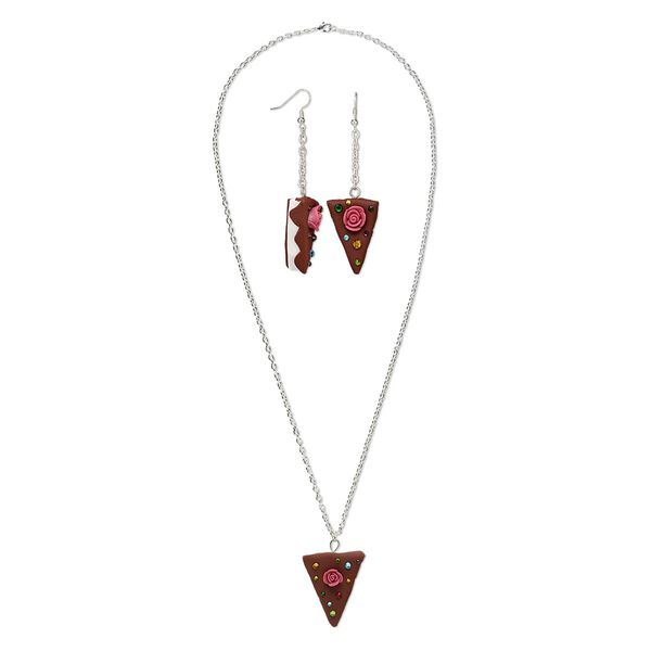 Necklace and earring set, One of a Kind Jewelry, polymer clay / silver-plated brass / steel, multicolored, 30 inches with fishhook ear wire. Only one available. image number 0