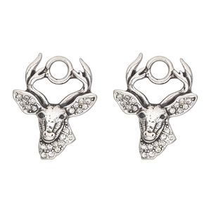 Charm, antique silver-finished "pewter" (zinc-based alloy) and glass, clear and black, 24x23mm single-sided deer head. Sold per pkg of 2.