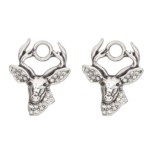 Charm, antique silver-finished "pewter" (zinc-based alloy) and glass, clear and black, 24x23mm single-sided deer head. Sold per pkg of 2. image number 0