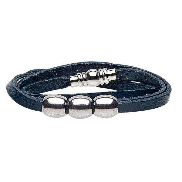 Bracelet, 3-strand wrap, leather (dyed) and stainless steel, navy blue, 10mm wide with 10mm barrel, 6-1/2 inches with magnetic clasp. Sold individually. image number 0