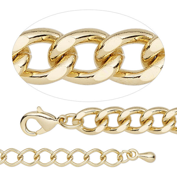 Chain, gold-finished steel and brass, 6.8mm curb, 7-1/2 inches with 2-inch extender chain and lobster claw clasp. Sold individually. image number 0