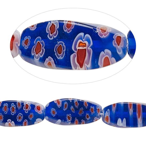 Bead, millefiori glass, translucent cobalt / red / white, 16x8mm-17x8mm 4-sided twisted oval with 0.6-0.8mm hole. Sold per 15-inch strand. image number 0
