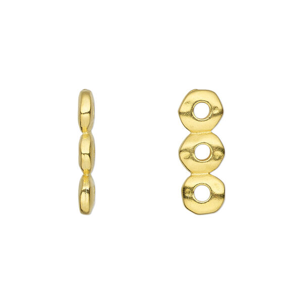 Spacer, TierraCast®, gold-plated pewter (tin-based alloy), 18x2.5mm 3-strand rondelle nugget with 2mm hole, fits up to 6mm bead. Sold per pkg of 2. image number 0