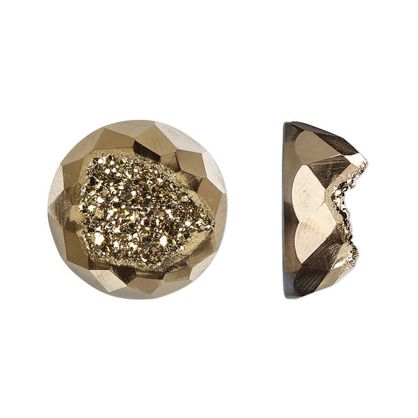 Cabochon, druzy agate (coated), golden, 16mm hand-cut loosely calibrated faceted round, B grade, Mohs hardness 7. Sold individually. image number 0