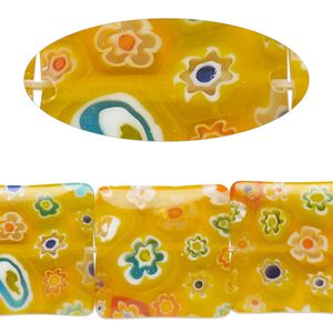 Bead, millefiori glass, translucent golden yellow and multicolored, 17mm-19x18mm puffed square with flower design. Sold per 14-inch strand, approximately 20 beads.