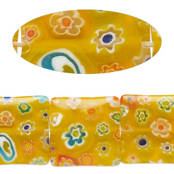 Bead, millefiori glass, translucent golden yellow and multicolored, 17mm-19x18mm puffed square with flower design. Sold per 14-inch strand, approximately 20 beads. image number 0