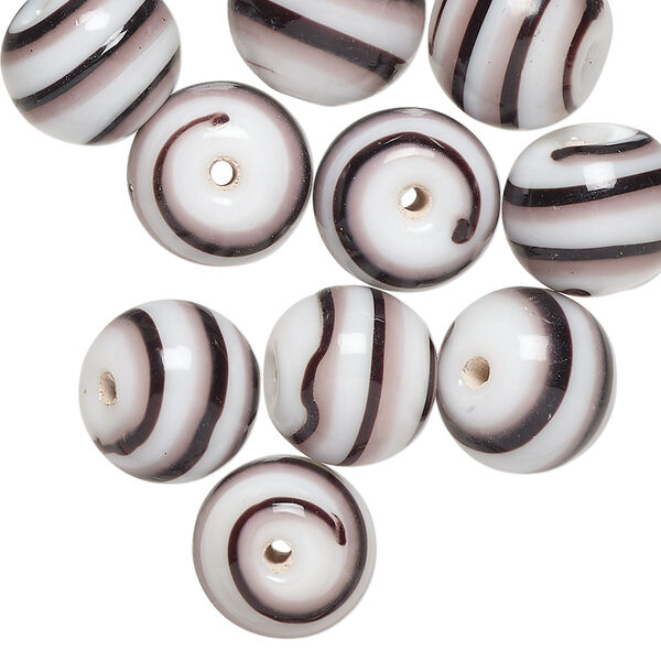 Bead, lampworked glass, opaque black / purple / white, 12mm round. Sold per pkg of 10. image number 0