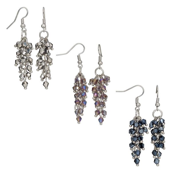 Earring mix, glass and silver-plated steel, amethyst purple AB / black AB / silver-grey AB, 2 inches with fishhook ear wire. Sold per pkg of 3 pairs. image number 0
