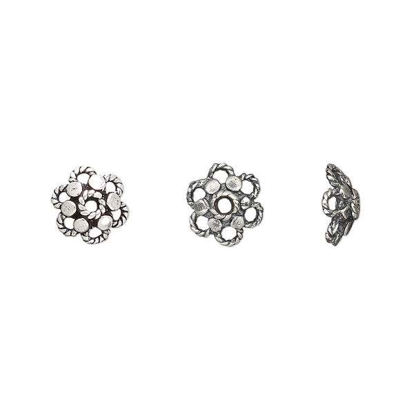 Bead cap, antiqued sterling silver, 8x3mm rope flower, fits 7-9mm bead. Sold per pkg of 2. image number 0