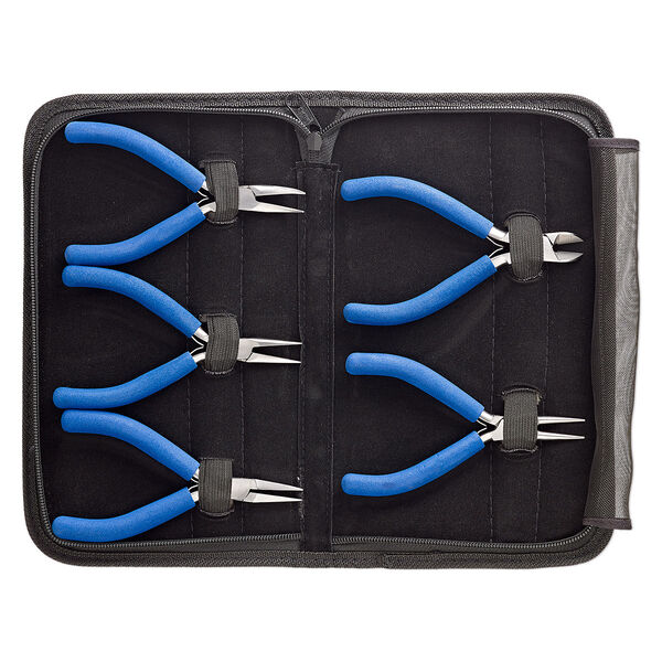 Pliers set, side-cutter / round-nose / flat-nose / chain-nose / curved chain-nose, stainless steel / PVC foam / vinyl, blue, 5 inches with 10x6x1-1/4 inch case. Sold per 5-piece set. image number 0