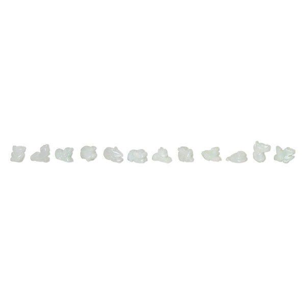 Bead, jadeite (natural), green, 7x3mm-11x5mm hand-cut carved Chinese zodiac symbols, C grade, Mohs hardness 6-1/2 to 7. Sold per pkg of 12. image number 0