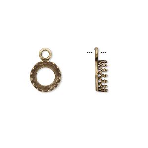 Drop, JBB Findings, antiqued brass, 9mm round with decorative trim, 8mm round bezel setting. Sold per pkg of 2.