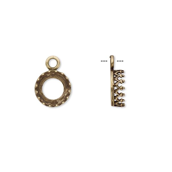Drop, JBB Findings, antiqued brass, 9mm round with decorative trim, 8mm round bezel setting. Sold per pkg of 2. image number 0