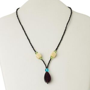 Necklace, calcite (coated) / glass / silver- or gold-finished "pewter" (zinc-based alloy), multicolored, 25x15mm flat teardrop, 17 inches with lobster claw clasp. Sold individually.