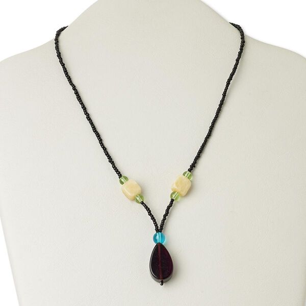 Necklace, calcite (coated) / glass / silver- or gold-finished "pewter" (zinc-based alloy), multicolored, 25x15mm flat teardrop, 17 inches with lobster claw clasp. Sold individually. image number 0