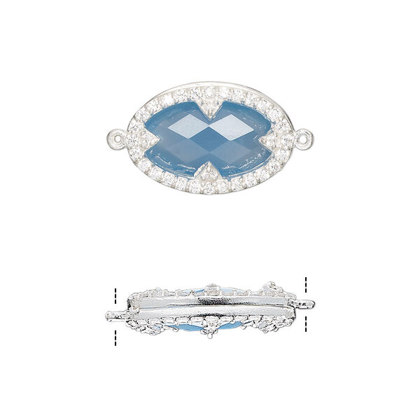 Link. chalcedony (dyed) / cubic zirconia / sterling silver, clear and blue, 18x12mm double-sided faceted oval. Sold individually. image number 0