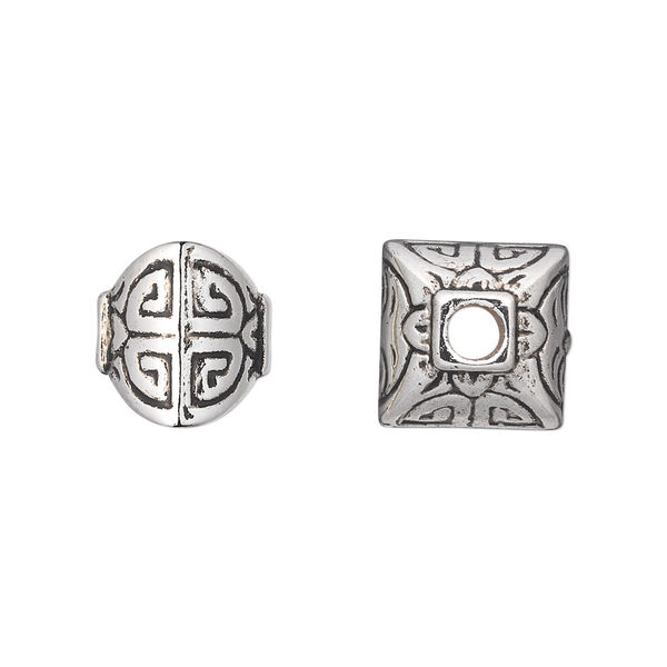 Bead, antiqued silver-finished copper-coated plastic, 12x11mm puffed square. Sold per 50-gram pkg, approximately 40 beads. image number 0