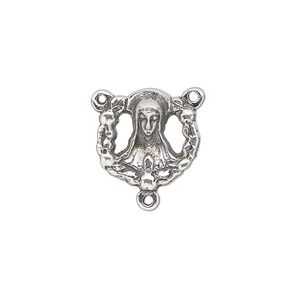 Connector, antiqued sterling silver, 15x14mm Mary in wreath rosary center. Sold individually.