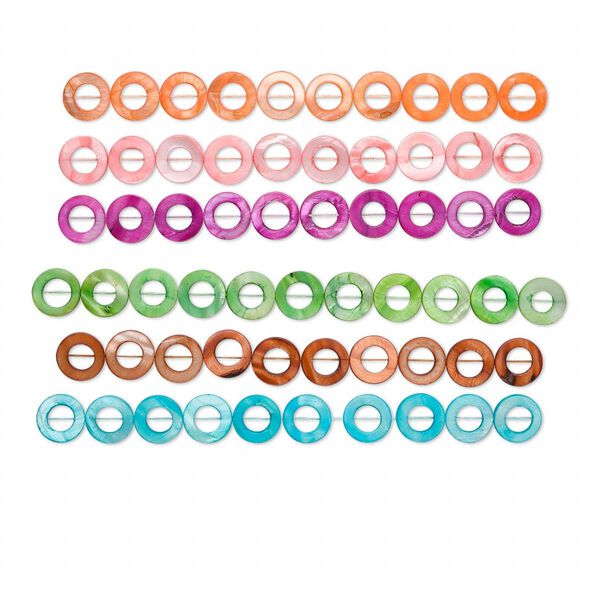Bead, mother-of-pearl shell (dyed), assorted colors, 20mm round donut, Mohs hardness 3-1/2. Sold per pkg of (6) 15-1/2" to 16" strands. image number 0