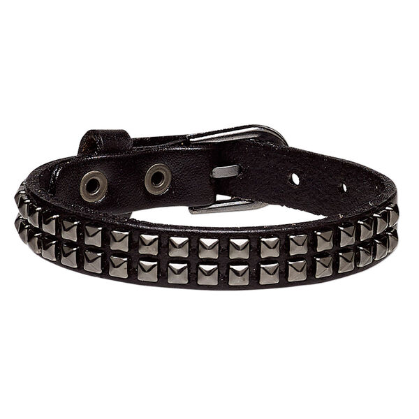 Bracelet, leather (dyed) and gunmetal-plated steel, black, 13mm wide with square studs, adjustable from 5-1/2 to 7 inches with buckle-style closure. Sold individually. image number 0